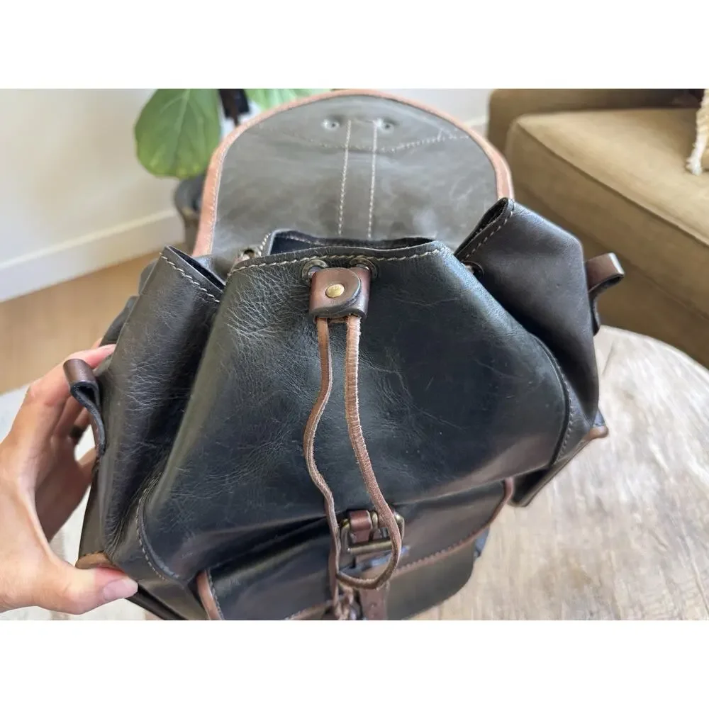 Vintage Leather Handmade Backpack Cinch Top Brown Green Gray